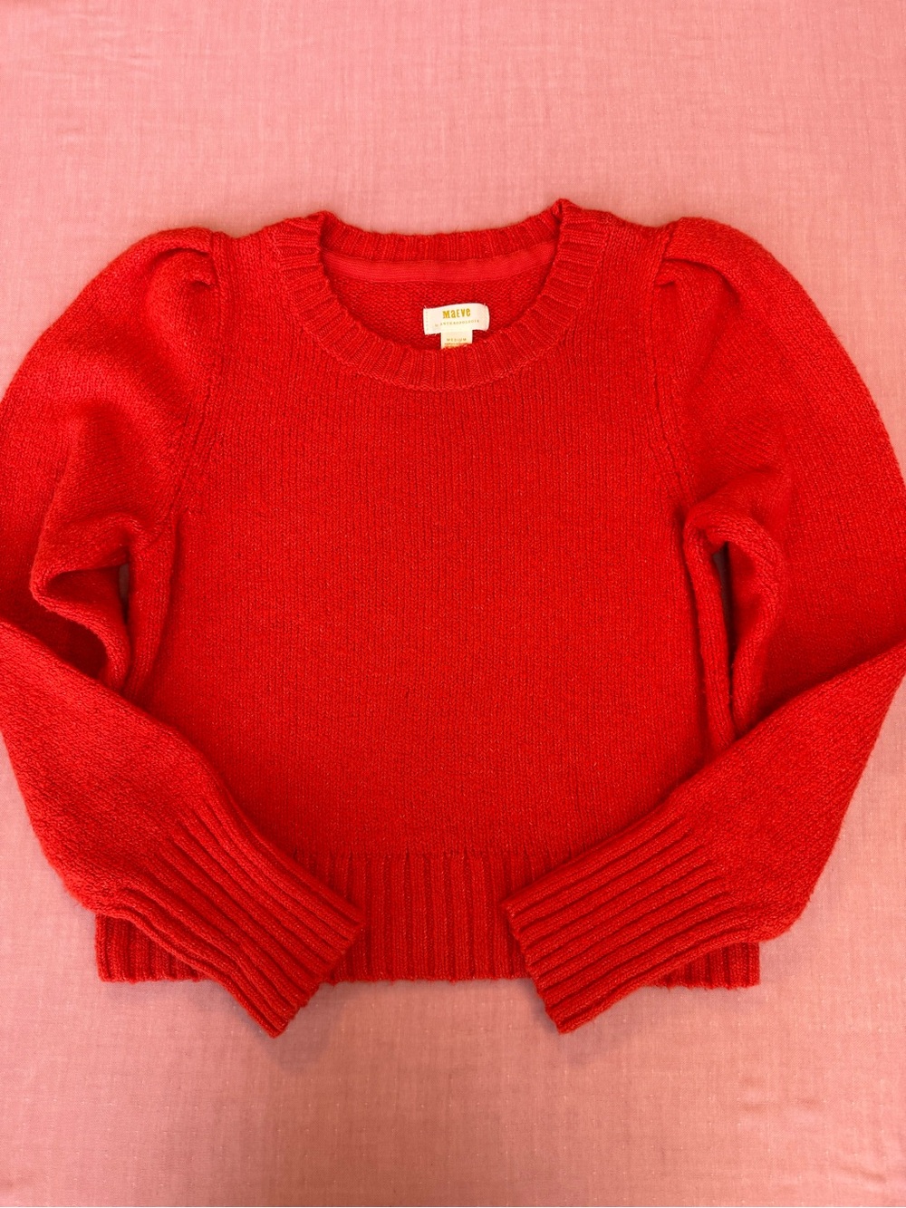 Maeve Red Crewneck Puff-Sleeve Sweater